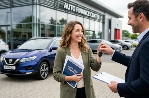 DriveWise lending specialist reviewing a car loan application with a client in a bright modern office